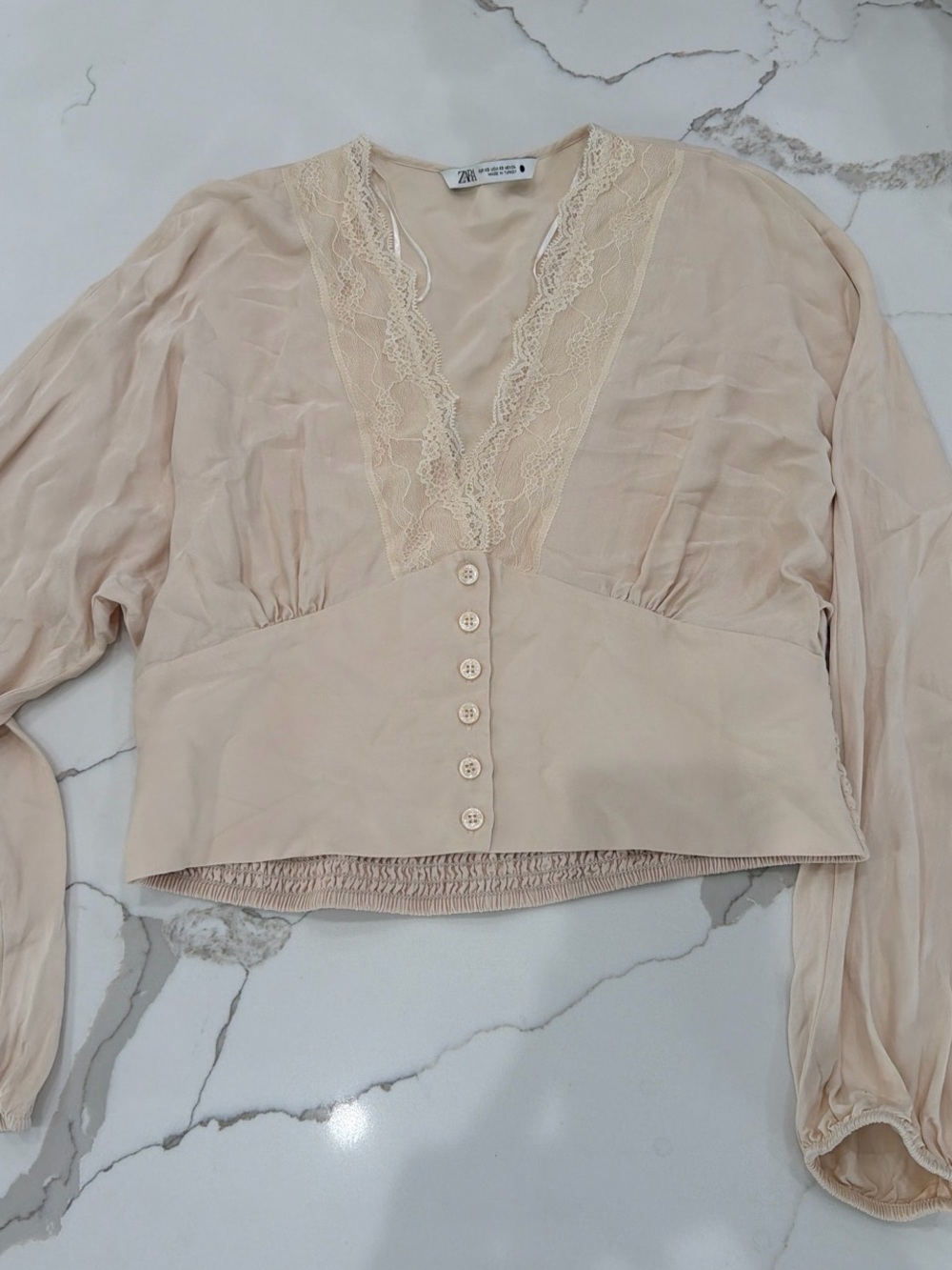 ZARA Pale Beige Lace-Trim V-Neck Button Front Blouse